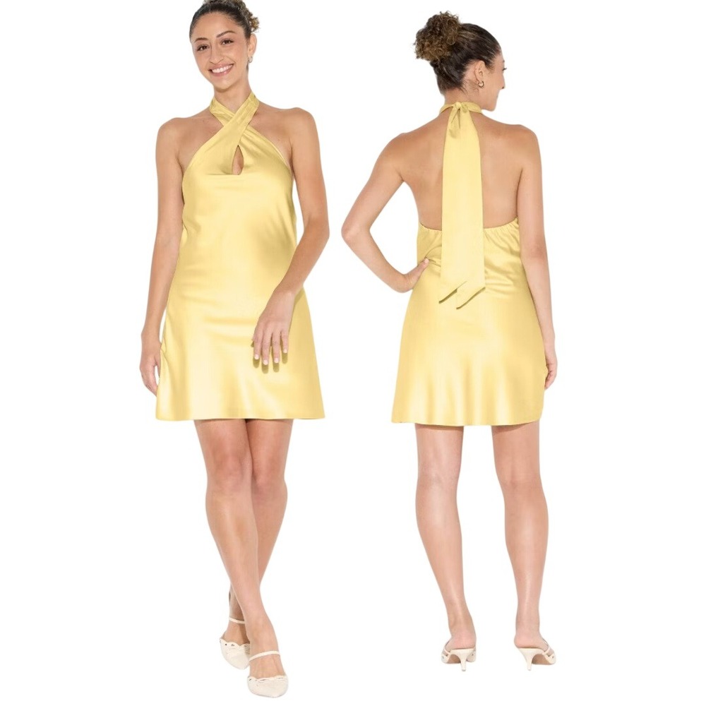 Wild Fable Women's Yellow Twist Backless Satin Mini Dress Size Large